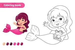 Coloring book for kids. Worksheet for drawing with cartoon mermaid. Cute magical creature. Coloring page with color palette for children. Vector illustration.