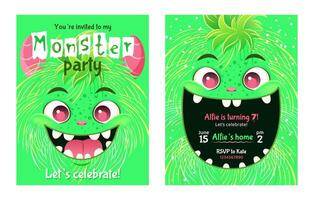 Monster party invitation set. Happy Birthday greeting cards. Festive postcards featuring a fluffy cartoon monster. Vector design with a cute creature for your celebration event. Layered template.