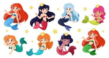 Bundle with kawaii mermaids. Isolated illustrations on a white background with funny magical creatures for a childish print. Vector clip art. An underwater set of princesses. Sea life.