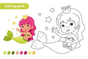 Coloring book for kids. Worksheet for drawing with cartoon mermaid. Cute magical creature. Coloring page with color palette for children. Vector illustration.