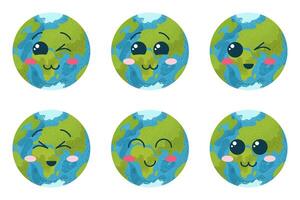 Happy Earth Day. Set of flat emoji planet Earth. Bundle with mascot Earth icons with faces. isolated vector illustrations on white background. Cartoon vector clip art with kawaii planet.