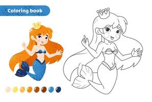 Coloring book for kids. Worksheet for drawing with cartoon mermaid. Cute magical creature. Coloring page with color palette for children. Vector illustration on white background.