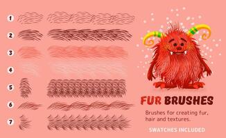 Fur brushes collection. isolated artistic strokes on background. Vector textured hand drawn brushes set for creating fur, hair, fluffy creatures. Swatches included. Eps 10. Abstract design kit.