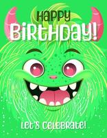 Happy Birthday greeting card or Monster party invitation. Festive postcard featuring a fluffy cartoon monster. Vector design with a cute creature for your celebration event. Layered template.