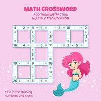 Math Crossword puzzle for children. Addition, subtraction, multiplication and division. Counting up to 20. Vector illustration. Game with cartoon cute mermaid. Task, education material for kids.