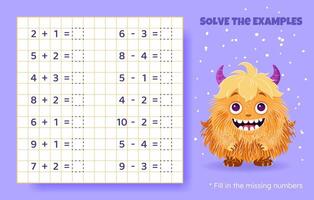 Solve the examples. Addition and subtraction up to 10. Mathematical puzzle game. Worksheet for school, preschool kids. Vector illustration. Cartoon educational game with cute monster for children.