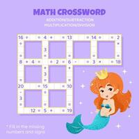 Math Crossword puzzle for children. Addition, subtraction, multiplication and division. Counting up to 20. Vector illustration. Game with cartoon cute mermaid. Task, education material for kids.