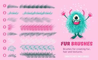 Fur brushes collection. isolated artistic strokes on background. Vector textured hand drawn brushes set for creating fur, hair, fluffy creatures. Swatches included. Eps 10. Abstract design kit.