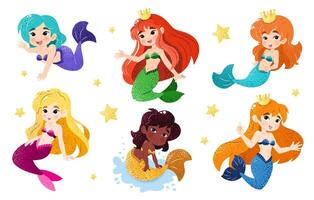 Bundle with kawaii mermaids. Isolated illustrations on a white background with funny magical creatures for a childish print. Vector clip art. An underwater set of princesses. Sea life.