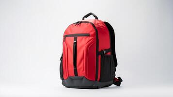 AI generated Red Camera Backpack Bag isolated on white background with copy space for advertisement. AI Generated photo