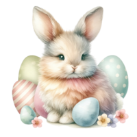 AI generated Easter Bunny Surrounded by Eggs and Rabbits in a Cute, Fluffy Scene. Water color Generate by AI. png