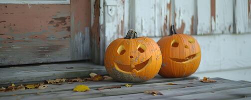 AI generated Chubby smiling pumpkins on a porch photo