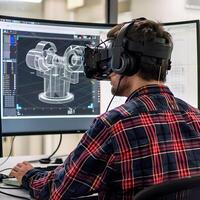 AI generated Engineer in VR simulation designing in virtual reality photo