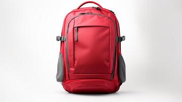 ai generado rojo viaje mochila bolso aislado en blanco antecedentes con Copiar espacio para anuncio publicitario. ai generado foto