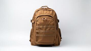 AI generated Tan Tactical Backpack Bag isolated on white background with copy space for advertisement. AI Generated photo