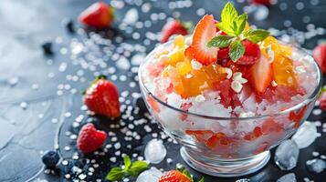 ai generado patbingsu afeitado hielo con dulce coberturas foto