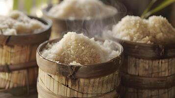 ai generado pegajoso arroz en bambú tradicional postre foto