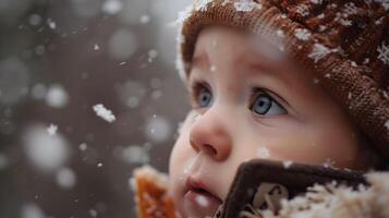 ai generado babys fascinación con copos de nieve primero invierno foto