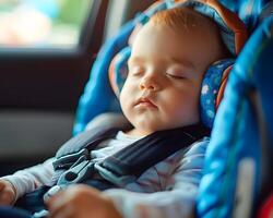 ai generado tranquilo unidades bebé dormido en el coche asiento foto