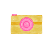 a yellow camera with pink lens on a transparent background png