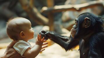 ai generado familias primero excursión a el zoo babys temor a animales foto