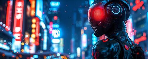 AI generated Cyborg, metallic skin, futuristic technology, exploring a neon-lit cityscape Realistic, Neon lighting, Depth of field bokeh effect photo