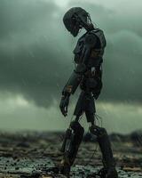 AI generated Sentient automaton, metallic shell, sentient creation, wandering through a post-apocalyptic wasteland, in a stormy weather, realistic 3D render, moody overcast lighting, Vignette effect photo