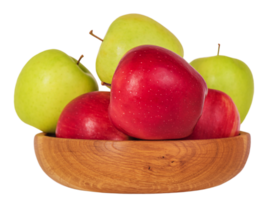 Healthy food, apples. Red and green apples in a wooden bowl isolate. png