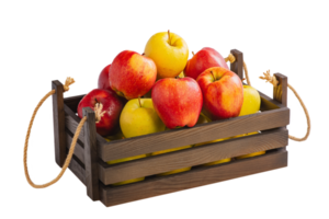 frutas son rojo y amarillo manzanas manzanas en un de madera caja aislar. png