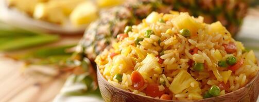 AI generated Pineapple fried rice served in pineapple bowl photo