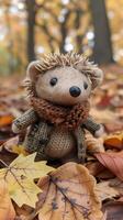 AI generated Roly-poly hedgehog exploring autumn leaves photo