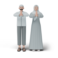 3D render of muslim people. Happy family showing apologize and welcome hand gesture. Apology during eid mubarak. Full length character isolated image on white background png