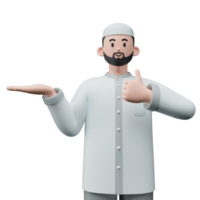 3D render portrait of muslim people with skullcap. Happy young adult man pointing and showing product to the side. Eid mubarak Concept. png