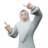 3D render portrait of muslim people wearing hijab. Happy young adult woman pointing and showing product to the side. Eid mubarak Concept. png