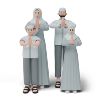 3D character render of muslim people. Happy family showing apologize and welcome hand gesture. Apology during eid mubarak. Isolated image on white background png