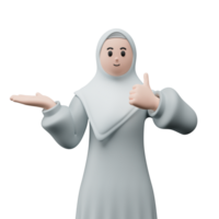 3d machen Porträt von Muslim Menschen tragen Kopftuch. glücklich jung Erwachsene Frau zeigen und zeigen Produkt zu das Seite. eid Mubarak Konzept. png