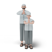 3D render of muslim people. Happy family showing apologize and welcome hand gesture. Apology during eid mubarak. Full length character isolated image on white background png