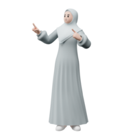 3d hacer retrato de musulmán personas vistiendo hiyab contento joven adulto mujer señalando y demostración producto a el lado. eid Mubarak concepto. png