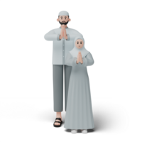 3D render of muslim people. Happy family showing apologize and welcome hand gesture. Apology during eid mubarak. Full length character isolated image on white background png