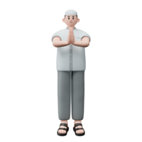 3D character render of muslim people. Happy young adult man showing apologize and welcome hand gesture. Apology during eid mubarak. Isolated image on white background png