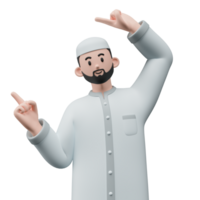 3d framställa porträtt av muslim människor med kalott. Lycklig ung vuxen man pekande och som visar produkt till de sida. eid mubarak begrepp. png