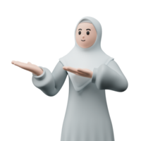 3D render portrait of muslim people wearing hijab. Happy young adult woman pointing and showing product to the side. Eid mubarak Concept. png