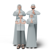 3D character render of muslim people. Happy family showing apologize and welcome hand gesture. Apology during eid mubarak. Isolated image on white background png