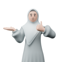 3D render portrait of muslim people wearing hijab. Happy young adult woman pointing and showing product to the side. Eid mubarak Concept. png