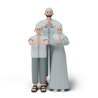 3d render do muçulmano pessoas. feliz família mostrando peça desculpas e bem-vinda mão gesto. desculpa durante eid mubarak. cheio comprimento personagem isolado imagem em branco fundo png