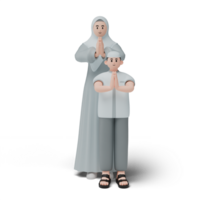 3d machen von Muslim Personen. glücklich Familie zeigen entschuldigen und herzlich willkommen Hand Geste. Entschuldigung während eid Mubarak. voll Länge Charakter isoliert Bild auf Weiß Hintergrund png