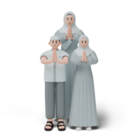 3D render of muslim people. Happy family showing apologize and welcome hand gesture. Apology during eid mubarak. Full length character isolated image on white background png