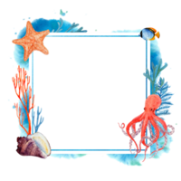 Square frame with tropical sea animals, fish, starfish, coral and octopus. Watercolor illustration with sea splashes and paint stains. For cards, posters, menus, beach and sea accessories. png