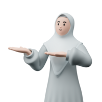 3d framställa porträtt av muslim människor bär hijab. Lycklig ung vuxen kvinna pekande och som visar produkt till de sida. eid mubarak begrepp. png