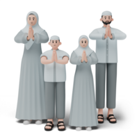 3d personagem render do muçulmano pessoas. feliz família mostrando peça desculpas e bem-vinda mão gesto. desculpa durante eid mubarak. isolado imagem em branco fundo png